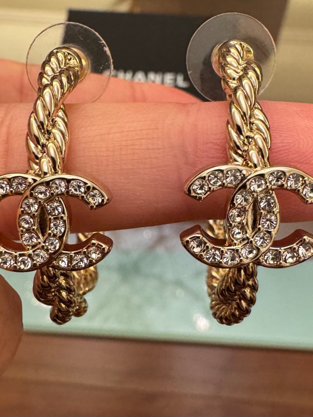Limited Edition Classic Chanel CC Logo Gold Strass Crystal Hoop Earrings